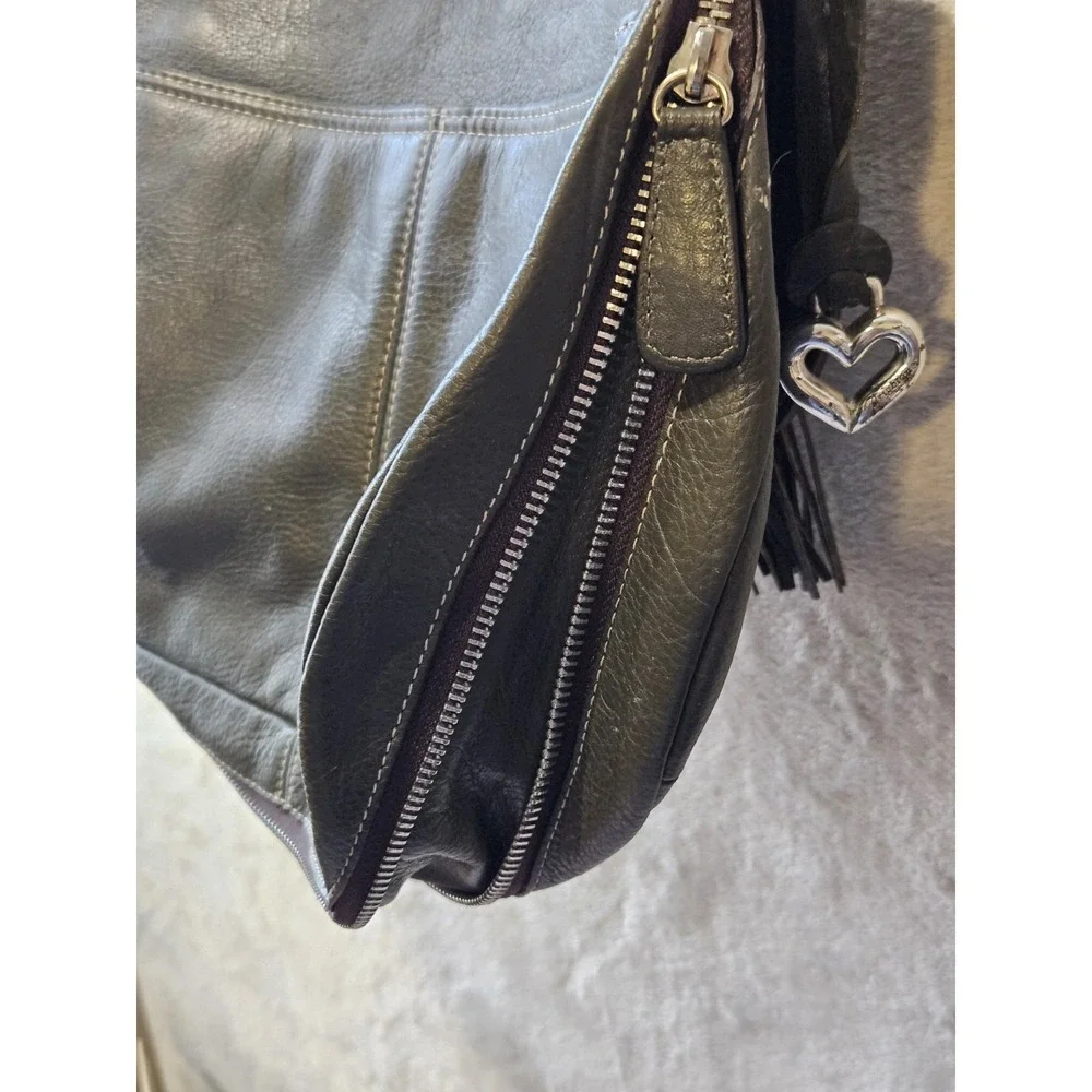 BRIGHTON Olive Green Leather Expandable Hobo Shoulder Bag Tassel Zip Heart Charm